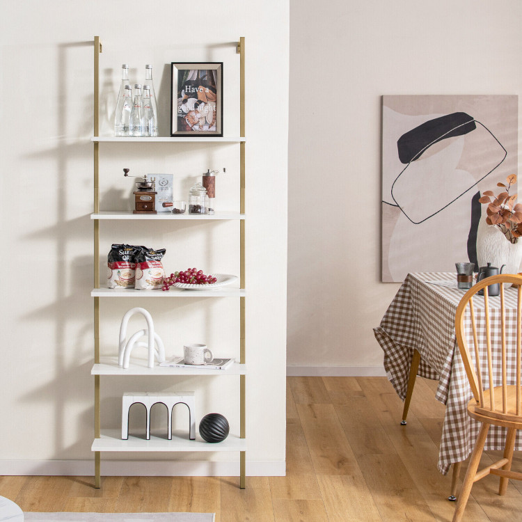 5 Tier Ladder Shelf Wall-Mounted Bookcase with Steel Frame-GoldenCostway Gallery View 6 of 10